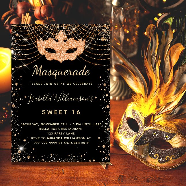 Masquerade black gold glitter dust Sweet 16 Invitation (Creator Uploaded)