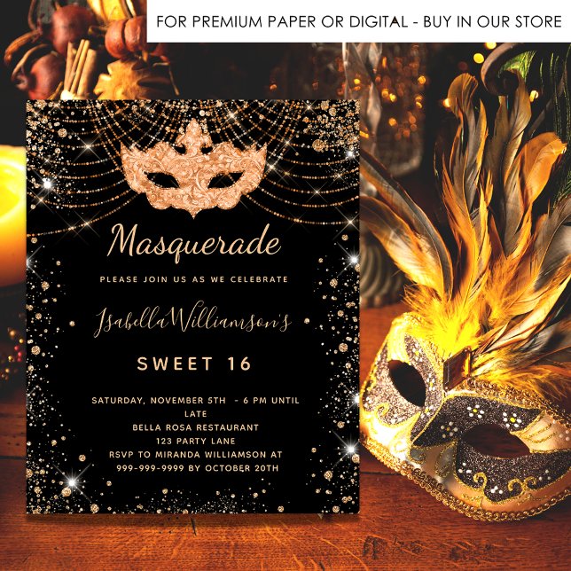 Masquerade black gold glitter dust Sweet 16 Invitation Postcard (Creator Uploaded)