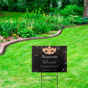 Masquerade black gold glitter dust Sweet 16 party Garden Sign