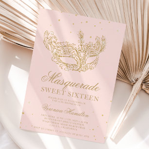 Masquerade black gold glitter mask Sweet 16 Invitation