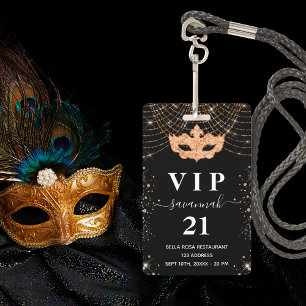 Masquerade black gold glitter vip invitation badge ID badge