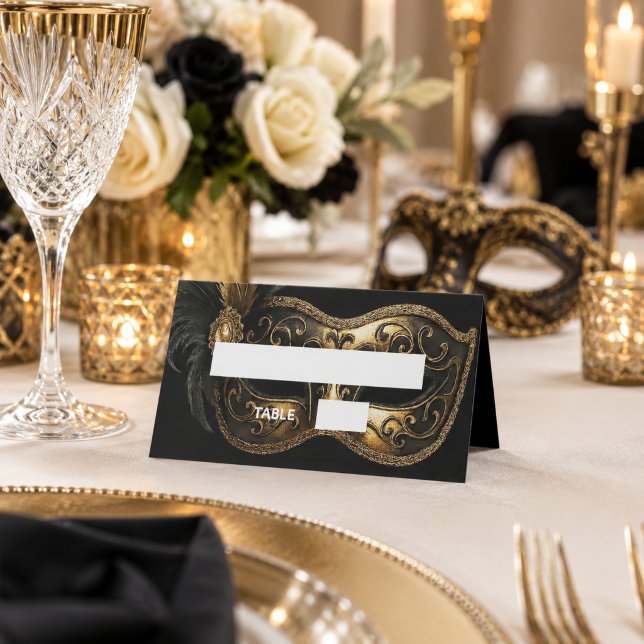 Masquerade black gold mask name place card (Creator Uploaded)