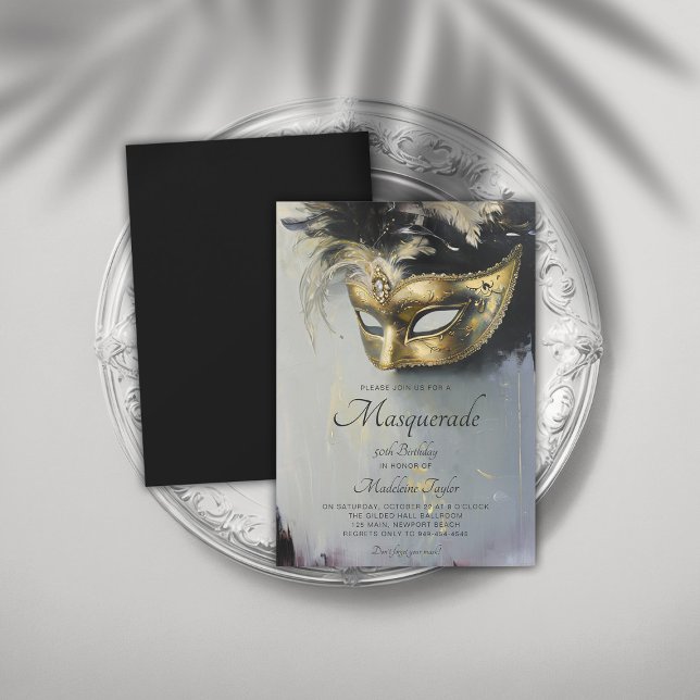 Masquerade Black Gold Mask Oil Art 50th Birthday Invitation (masquerade 50th birthday party invitation glamorous gold black venetian mask elegant modern)
