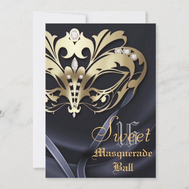 Masquerade Black Jewelled Sweet 16 Invitation (Front)