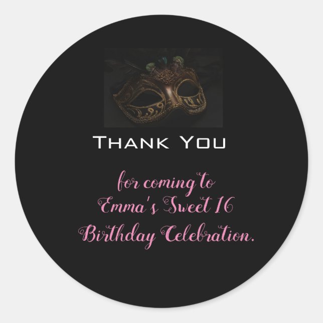 Masquerade Black Pink Birthday Thank You Classic Round Sticker (Front)