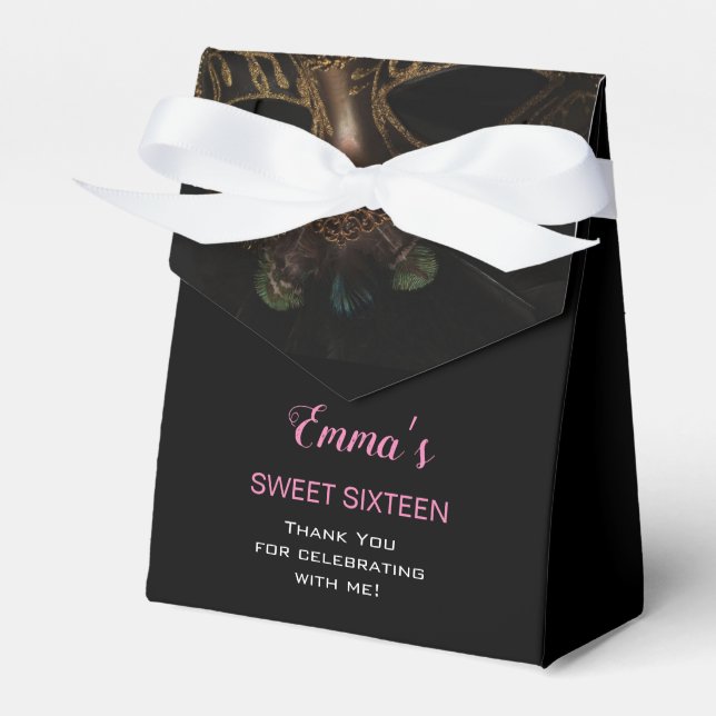 Masquerade Black Pink Sweet 16 Birthday Thank You Favour Box (Front Side)