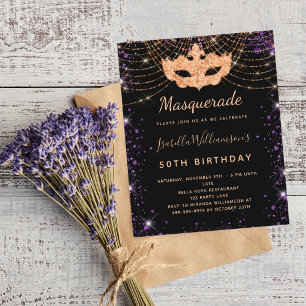 Masquerade black purple glitter birthday invitatio