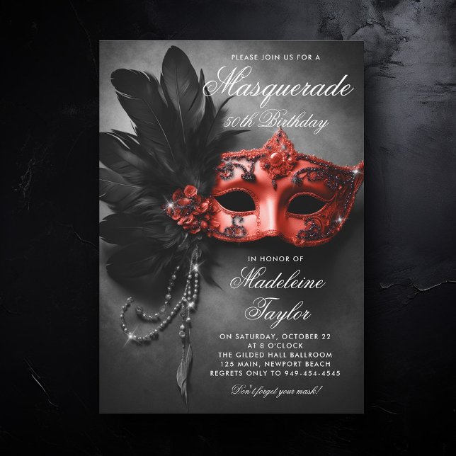 Masquerade Black Red Elegant Chic 50th Birthday Invitation (50th birthday invitation for women masquerade theme black red glitter feathers elegant painting)