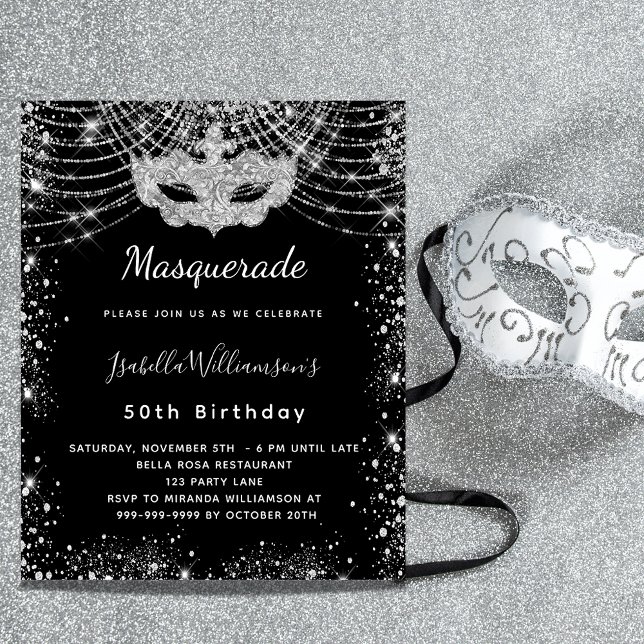 Masquerade black silver budget birthday invitation flyer (Creator Uploaded)