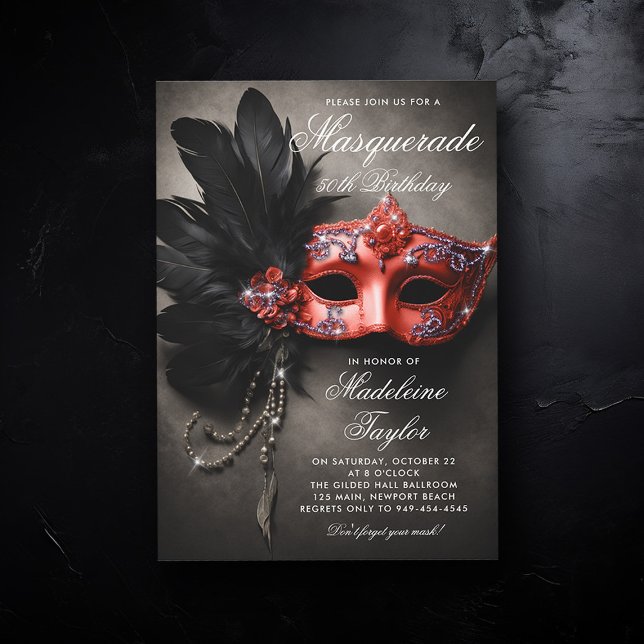Masquerade Black Silver Red Moody 50th Birthday Invitation (50th birthday invitation for women masquerade theme christmas red silver black elegant painting)