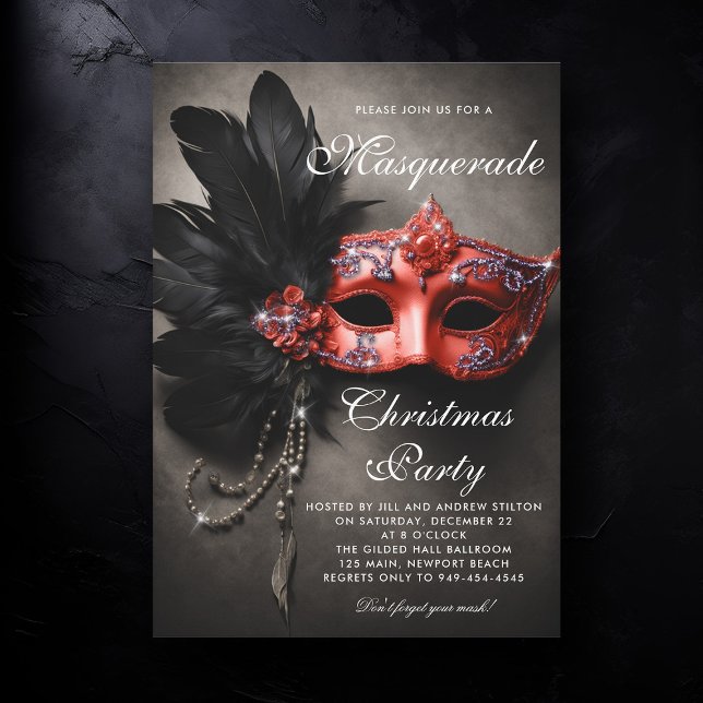 Masquerade Black Silver Red Moody Christmas Party Invitation (masquerade christmas party invitation venetian mask red black silver elegant ball painting artistic)