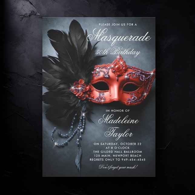 Masquerade Black Silver Red Navy 50th Birthday Invitation (50th birthday invitation for women masquerade theme christmas red silver black navy elegant painting)