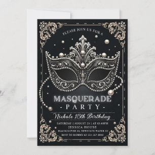 Masquerade Black White Birthday Invitation Party