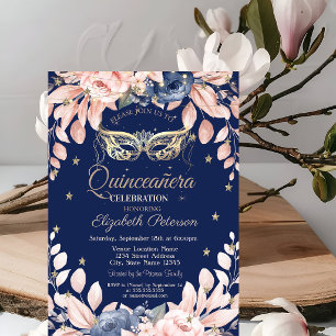 Masquerade,Blue Flowers,Gold Stars Quinceañera  Invitation