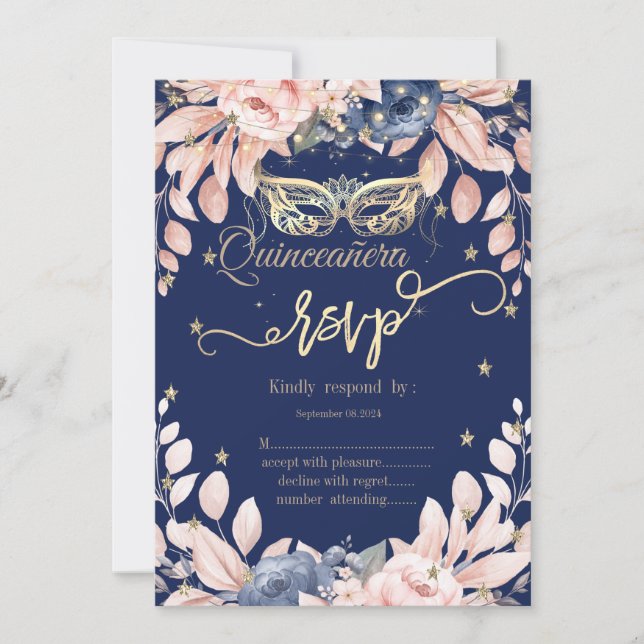 Masquerade,Blue Flowers,Gold Stars RSVP Invitation (Front)