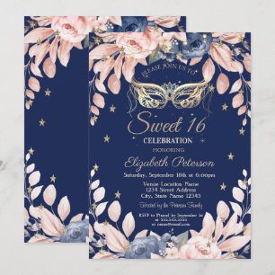 Masquerade,Blue Flowers,Gold Stars Sweet 16 Invitation