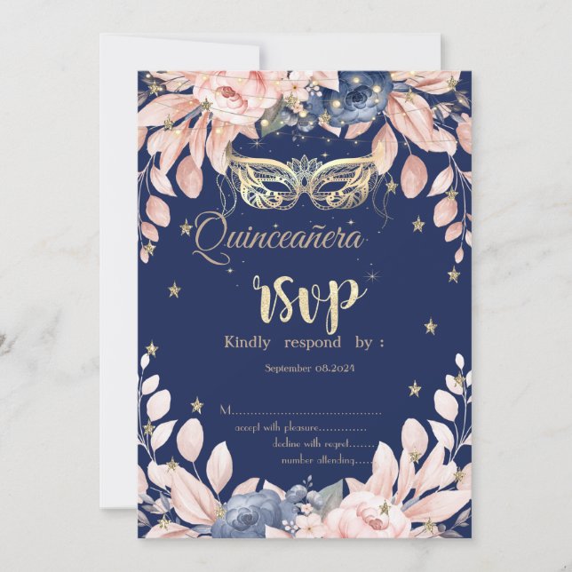 Masquerade,Blue Flowers Stars RSVP Invitation (Front)