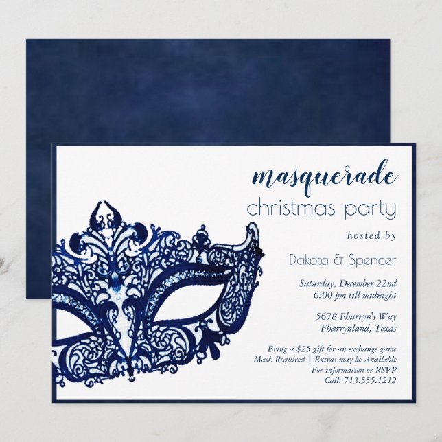 Masquerade Blue Mask | Mardi Gras Christmas Party Invitation (Front/Back)