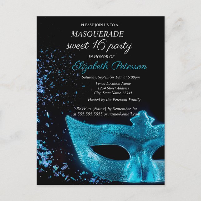 Masquerade Blue Masque Black Sweet 16 Invitation Postcard (Front)