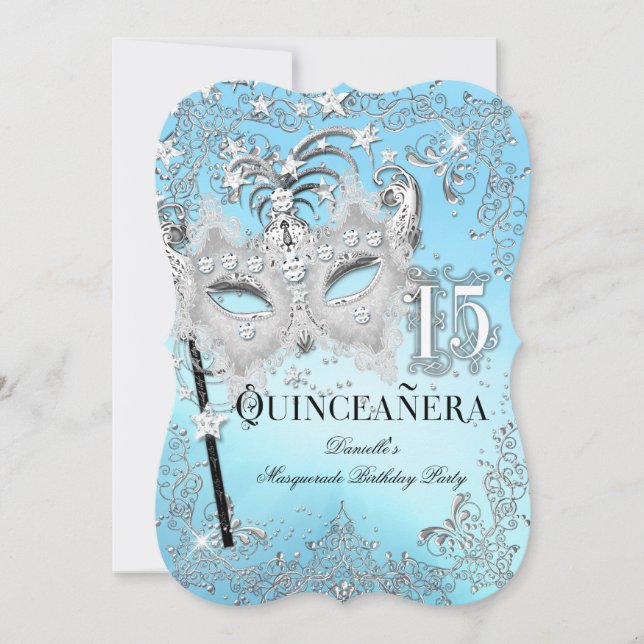 Masquerade Blue Silver Quinceanera Birthday Invitation (Front)