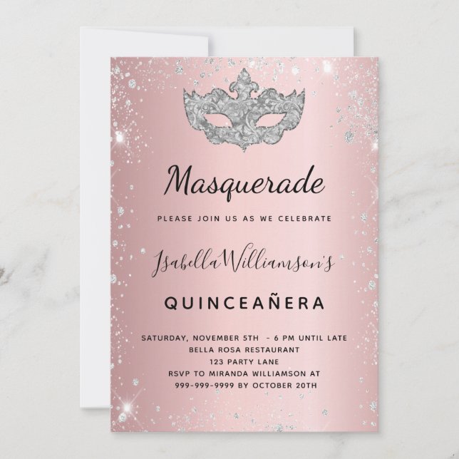 Masquerade blush pink silver Quinceanera Invitation (Front)