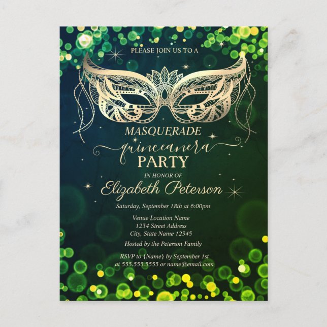 Masquerade Bokeh Green Dots Quinceañera Invitation Postcard (Front)