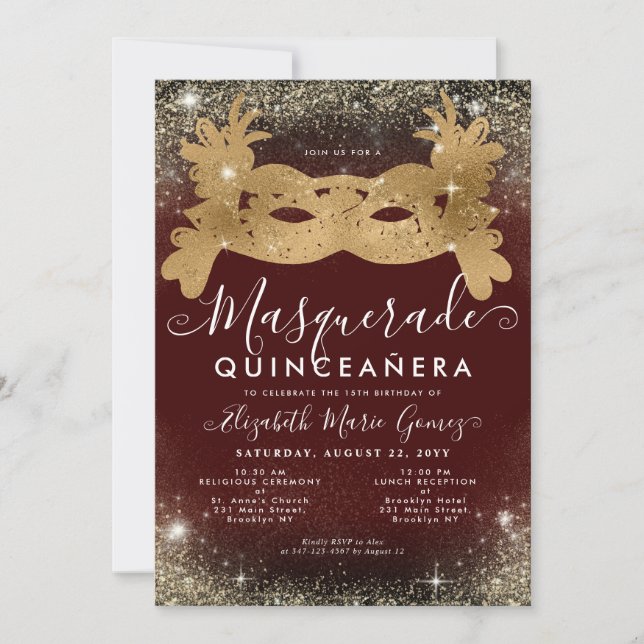 Masquerade Burgundy Red Gold Glitter Quinceanera Invitation (Front)