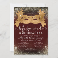Masquerade Burgundy Red Gold Glitter Quinceanera