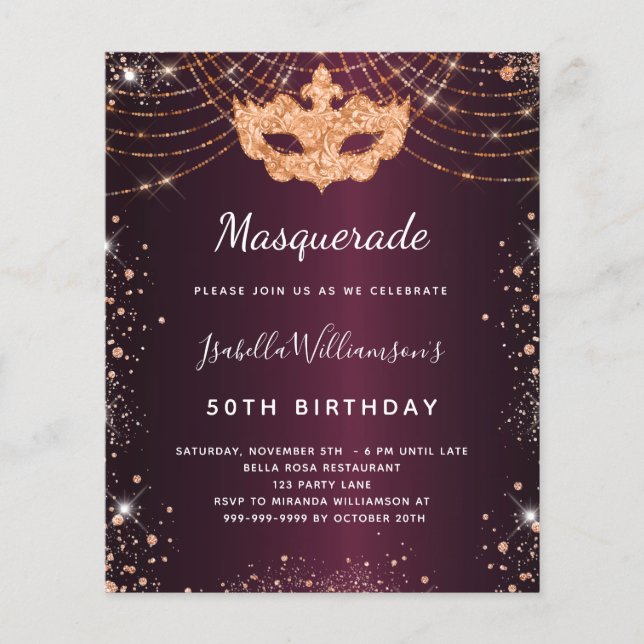 Masquerade burgundy rose gold birthday invitation (Front)