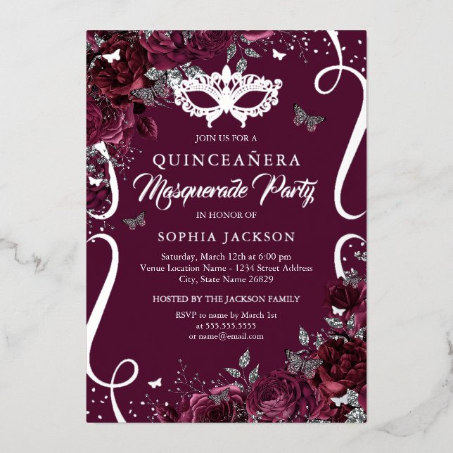 Masquerade Butterfly Burgundy Silver Quinceanera (Front)