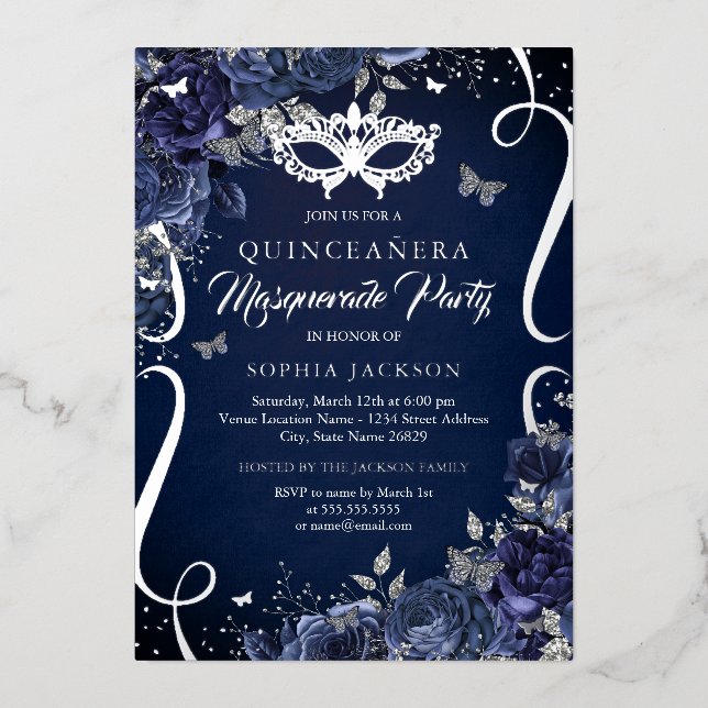 Masquerade Butterfly Navy Silver Quinceanera (Front)