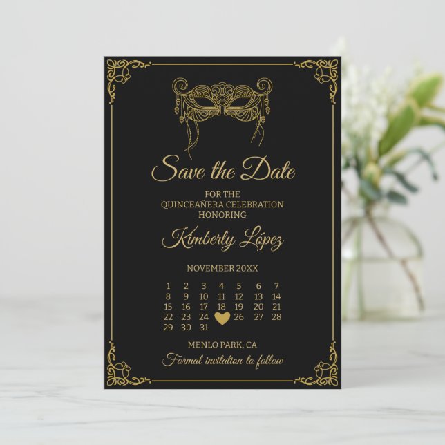 Masquerade Calendar Save the Date Quinceañera Invitation (Standing Front)