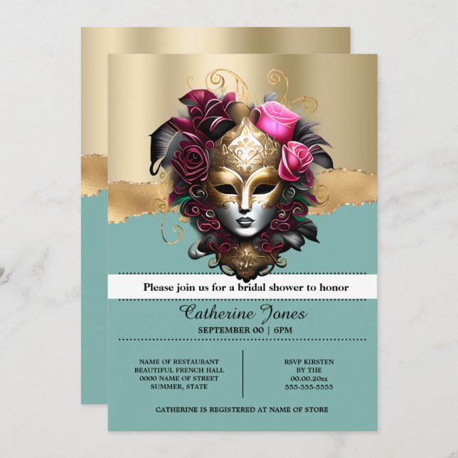 Masquerade carnival face mask blue gold pink rose invitation (Front/Back)