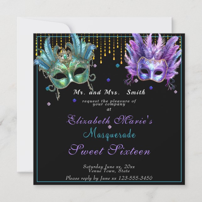 Masquerade Carnival Pink Turquoise Sweet Sixteen  Invitation (Front)