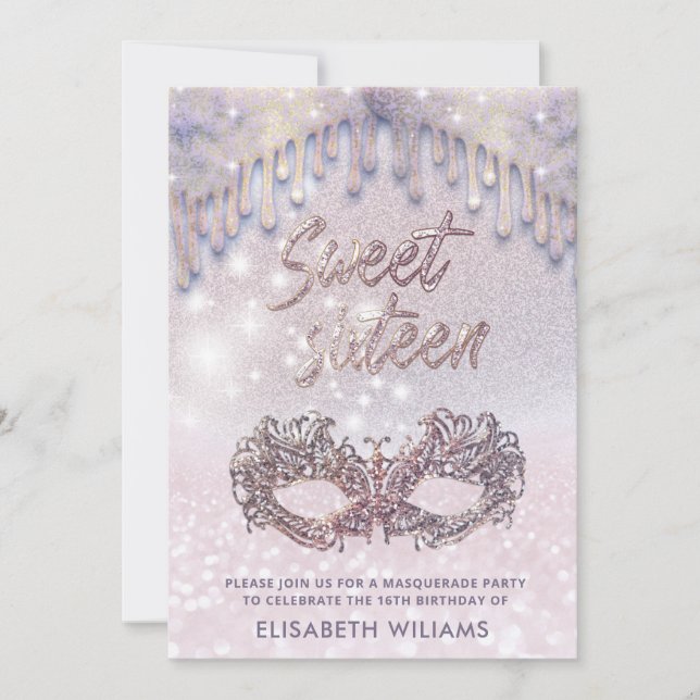 Masquerade  chic drips sparkle glittery ombre  invitation (Front)