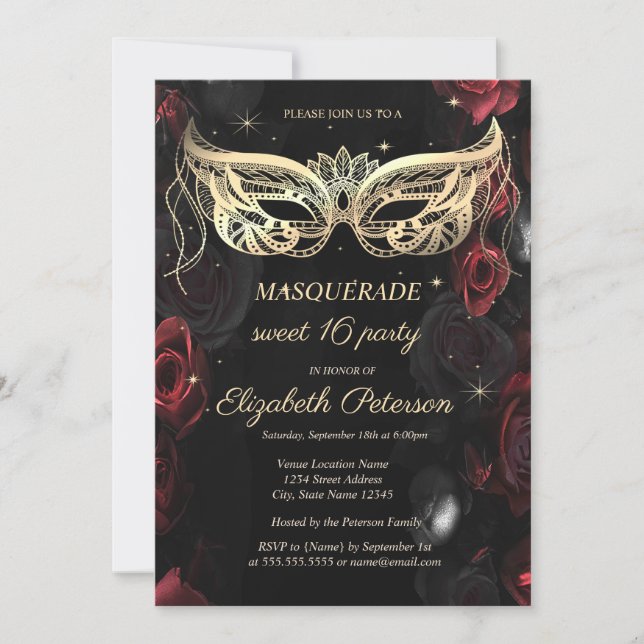 Masquerade Dark Red Roses Gothic Sweet 16 Invitation (Front)