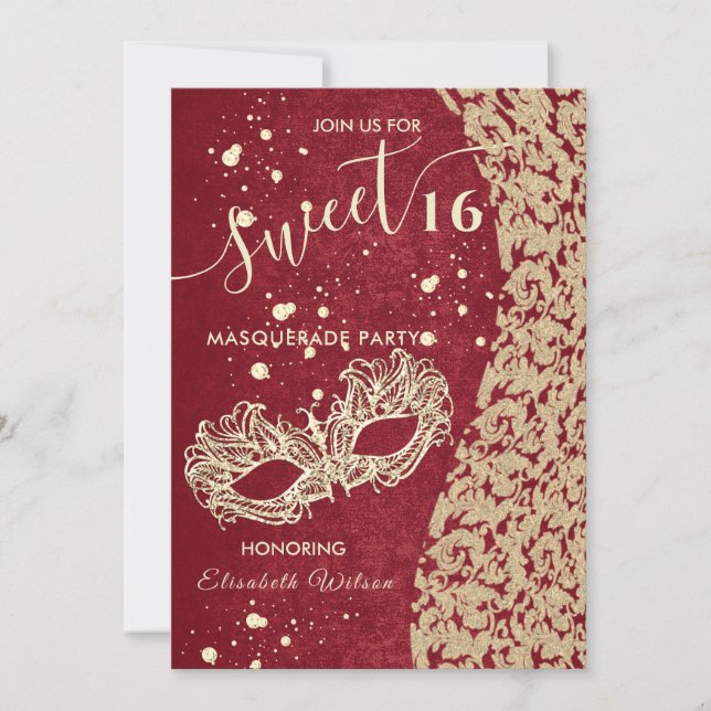 Masquerade diamond damask red sweet 16  invitation (Front)
