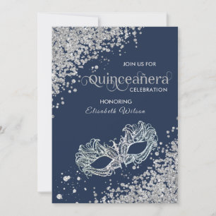  Masquerade diamond luxury Quinceañera navy Invitation