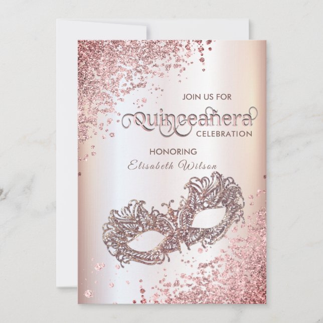  Masquerade diamond luxury Quinceañera rose gold   Invitation (Front)