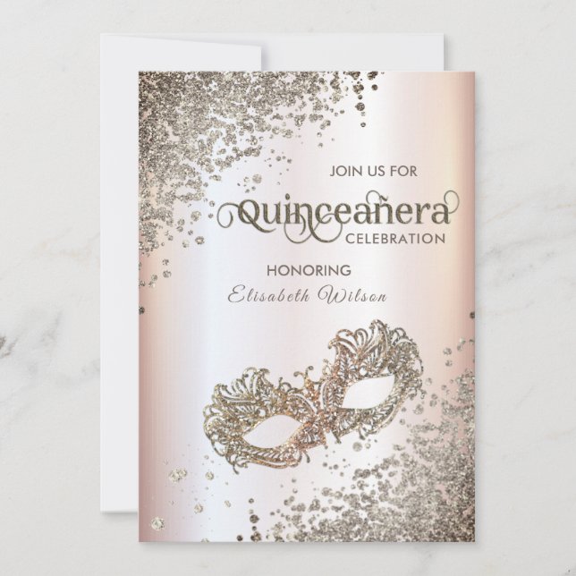  Masquerade diamond luxury Quinceañera soft pink Invitation (Front)