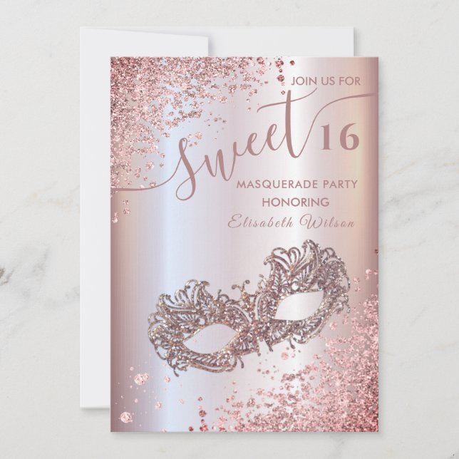  Masquerade diamond luxury rose gold sweet 16 Invitation (Front)