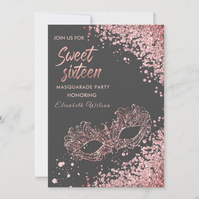  Masquerade diamond luxury rose gold sweet 16 Invitation (Front)