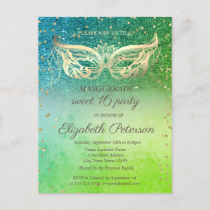 Masquerade Diamonds Green Glitter Sweet 16 Invitation Postcard