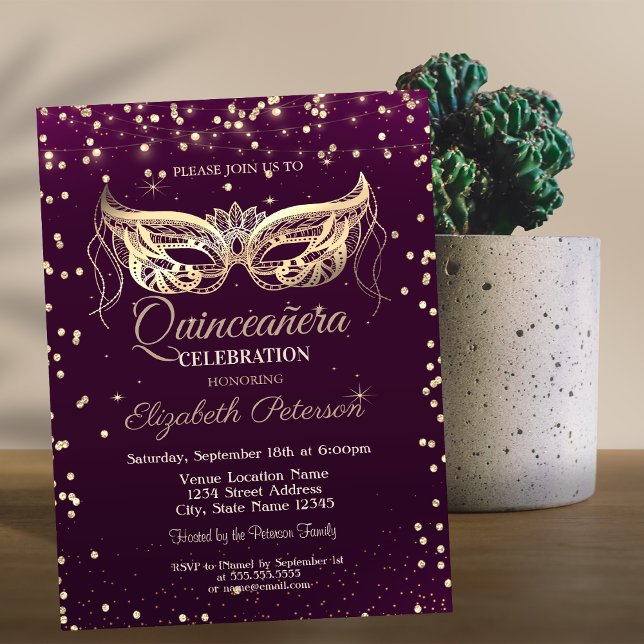 Masquerade,Diamonds,Lights Violet Quinceañera Invitation (Creator Uploaded)