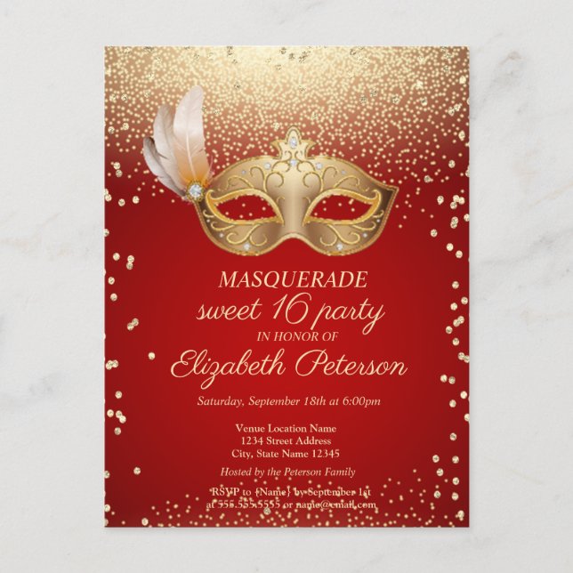 Masquerade Diamonds,Masque,Red Sweet 16  Invitation Postcard (Front)