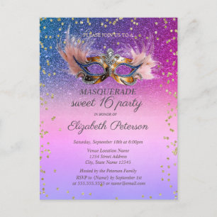 Masquerade  Diamonds Purple Glitter Sweet 16  Invitation Postcard