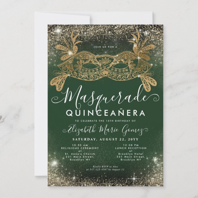 Masquerade Emerald Green Gold Glitter Quinceanera Invitation (Front)