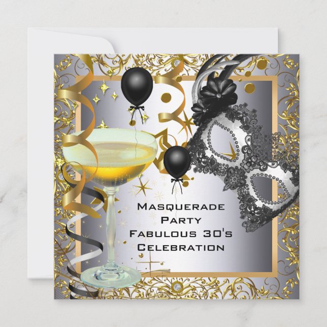 Masquerade Fabulous 30th Silver Gold Black Party Invitation (Front)