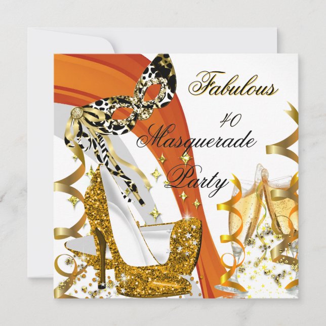 Masquerade Fabulous 40 Woman's Gold High Heel 2 Invitation (Front)
