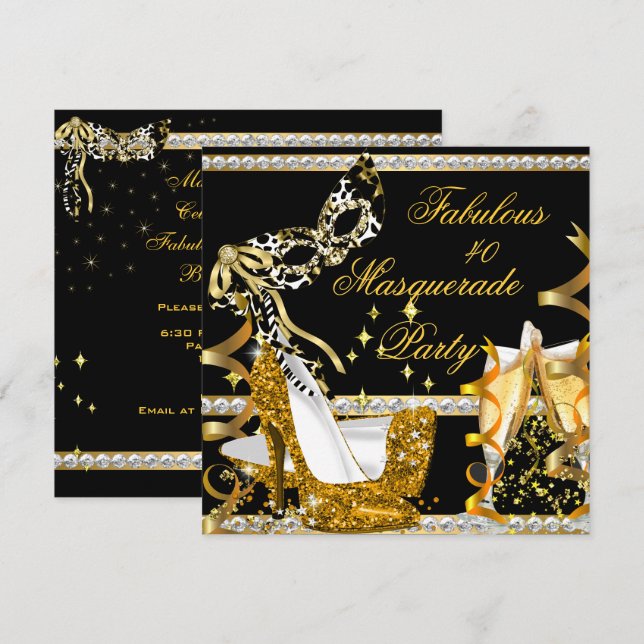 Masquerade Fabulous 40 Woman's Gold High Heel Mask Invitation (Front/Back)